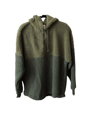 NWT PINK Victoria's Secret Olive Green Colorblock Sherpa Hoodie M